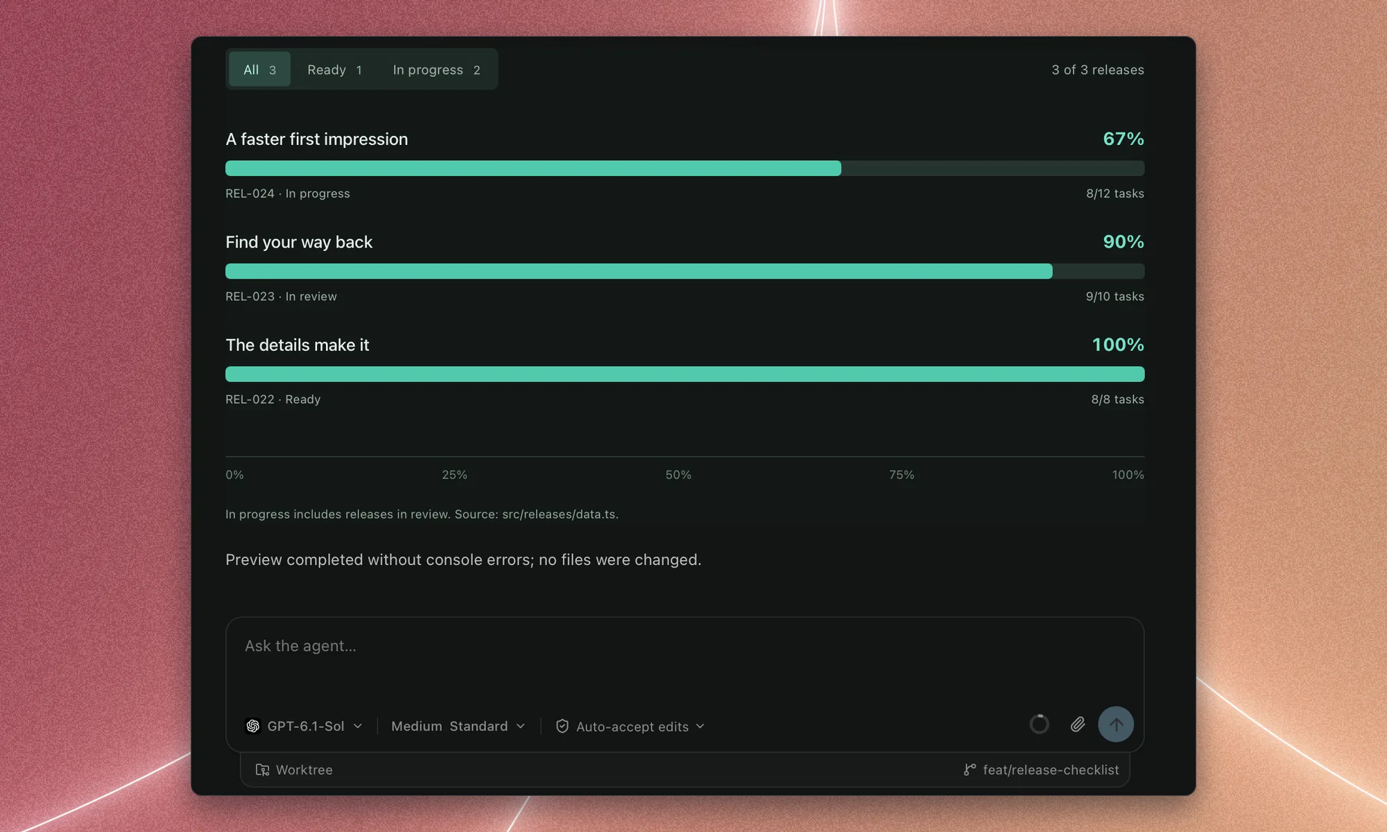 A Codex conversation with an interactive release-readiness chart, status filters, three progress bars, the agent’s reply, and the message composer.