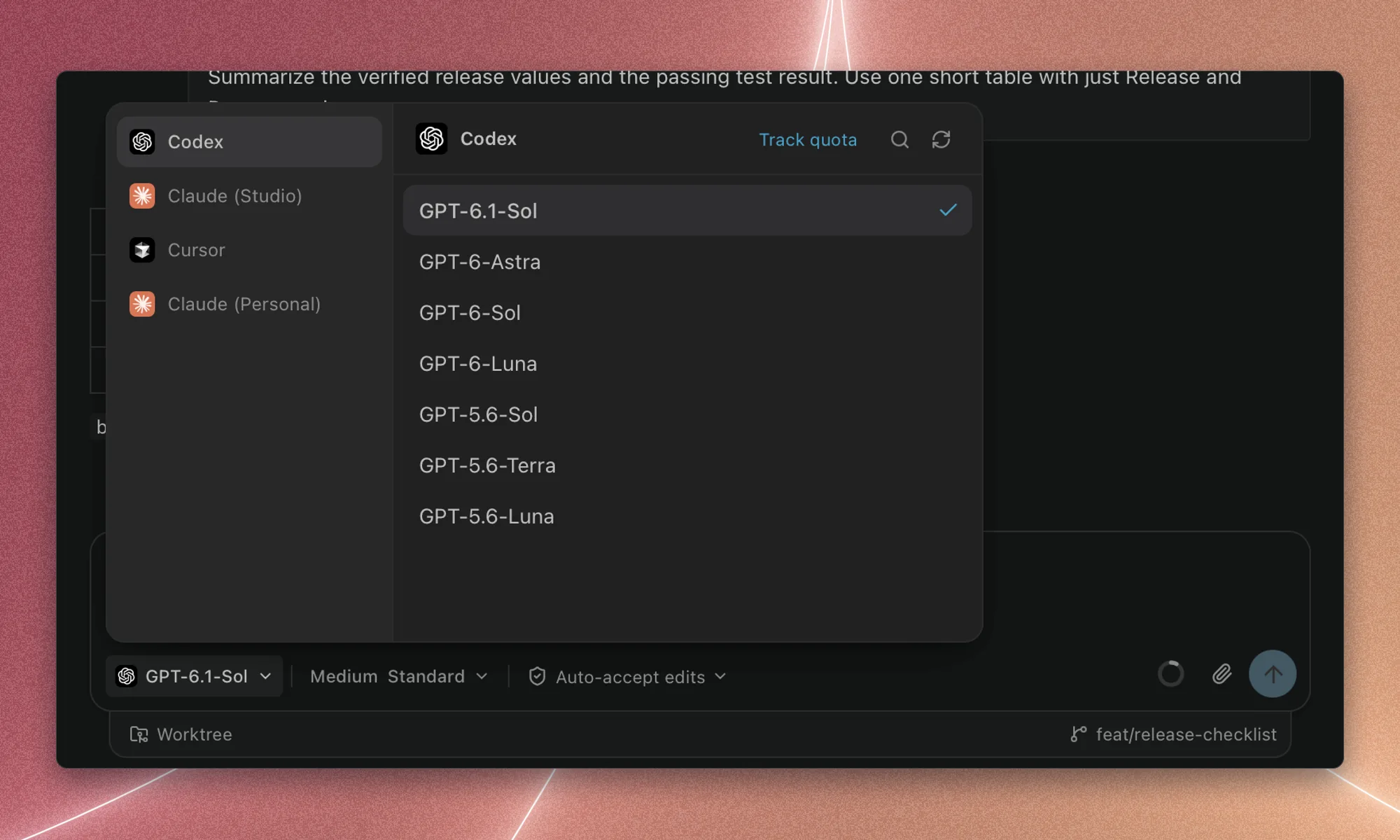 The model selector above the message composer, with Codex, Cursor, Claude (Studio), and Claude (Personal) profiles and GPT-6.1-Sol selected.
