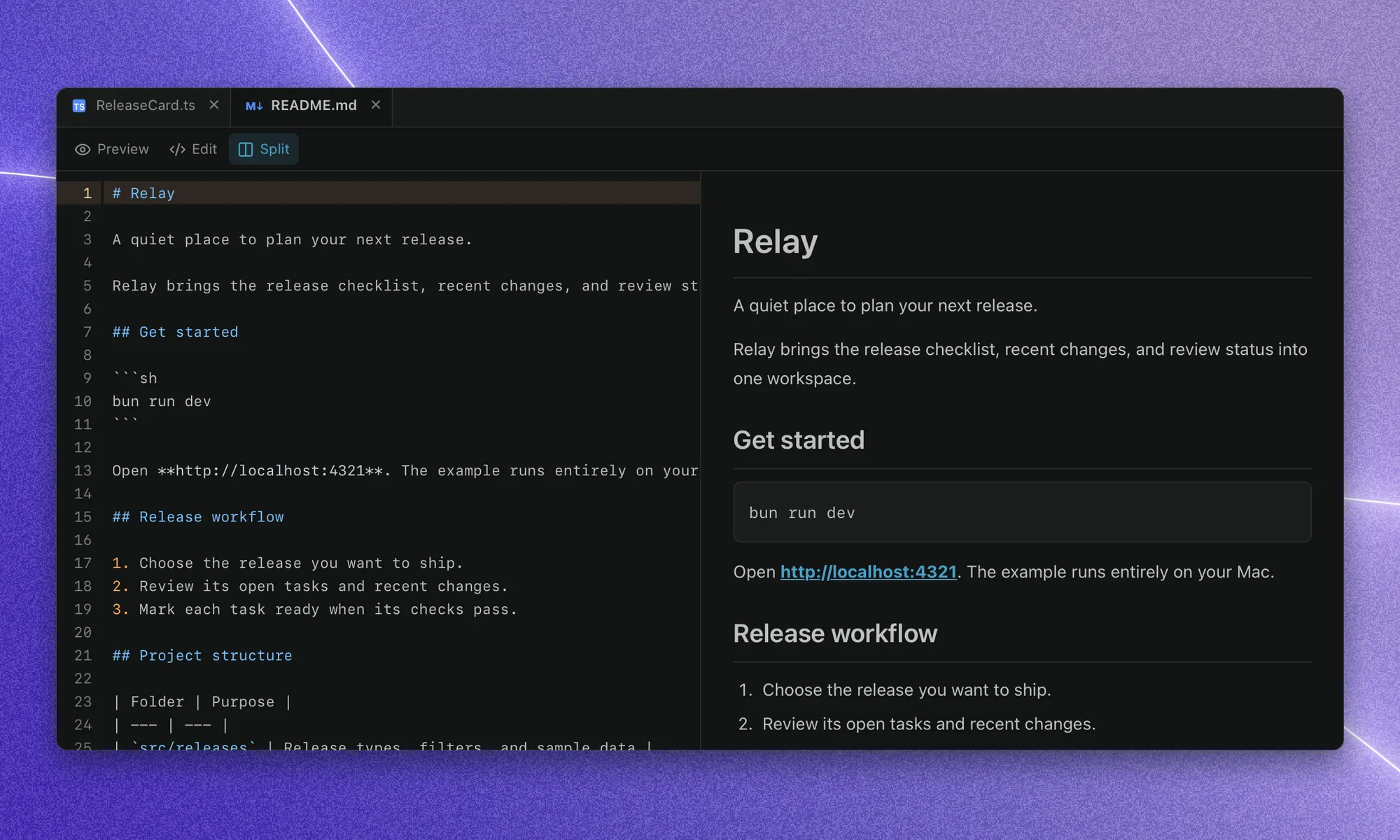 The Relay README in Markdown Split mode, with its source beside the rendered introduction, setup command, and release workflow.