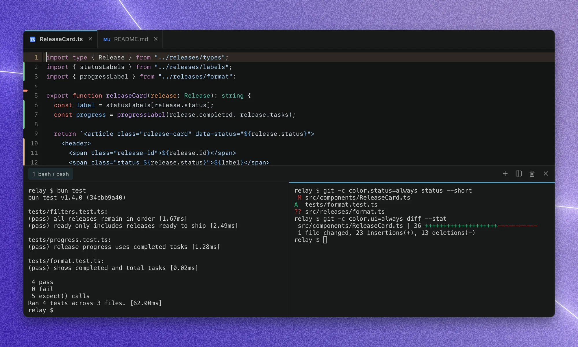 Relay ReleaseCard.ts code above two terminal panes: four passing Bun tests on the left, and Git status and the change summary on the right.