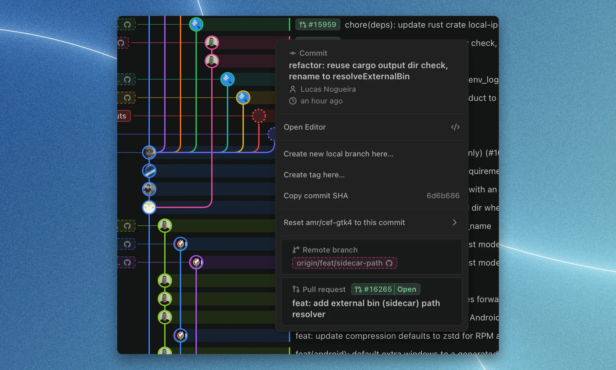 A tauri graph node’s context menu with commit details, branch and tag actions, and the related branch and open pull request #16265.