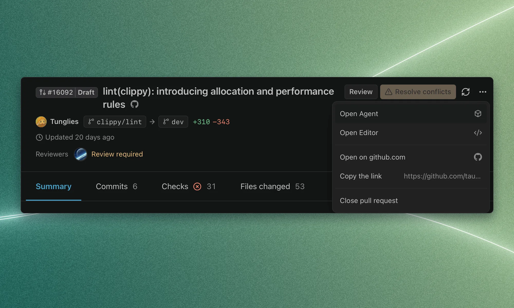 The header and action menu of conflicting tauri request #16092, with Resolve conflicts, Open Agent, Open Editor, and the review and check status.