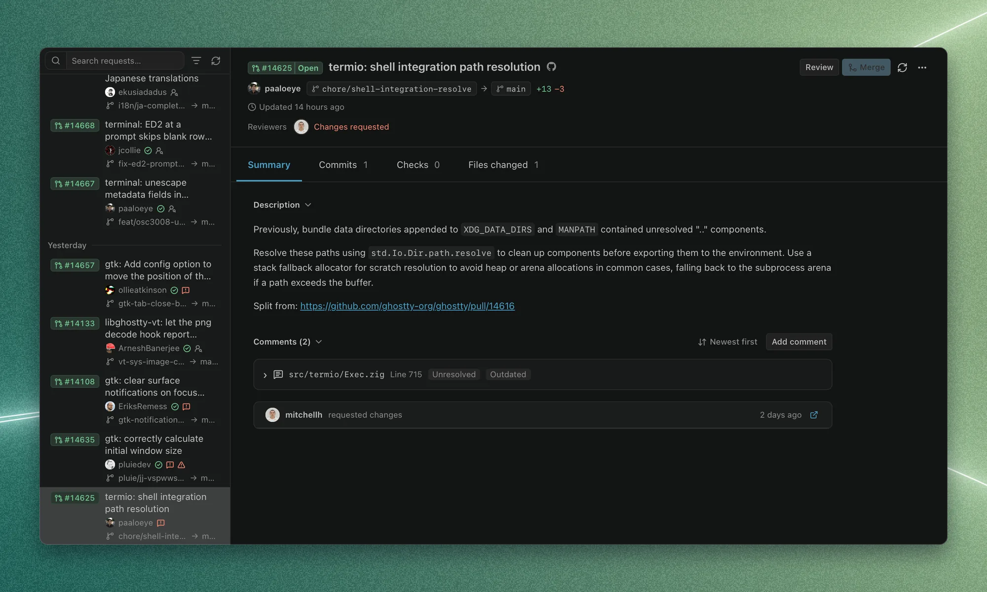 The ghostty pull request list beside the Summary of #14625, with its description, Changes requested status, checks, and merge controls.