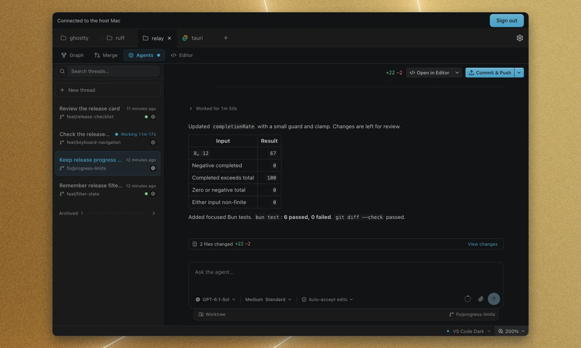 The Codfish browser interface connected to the host Mac, with four Relay threads, a completed Codex reply, its test results, and the message composer.